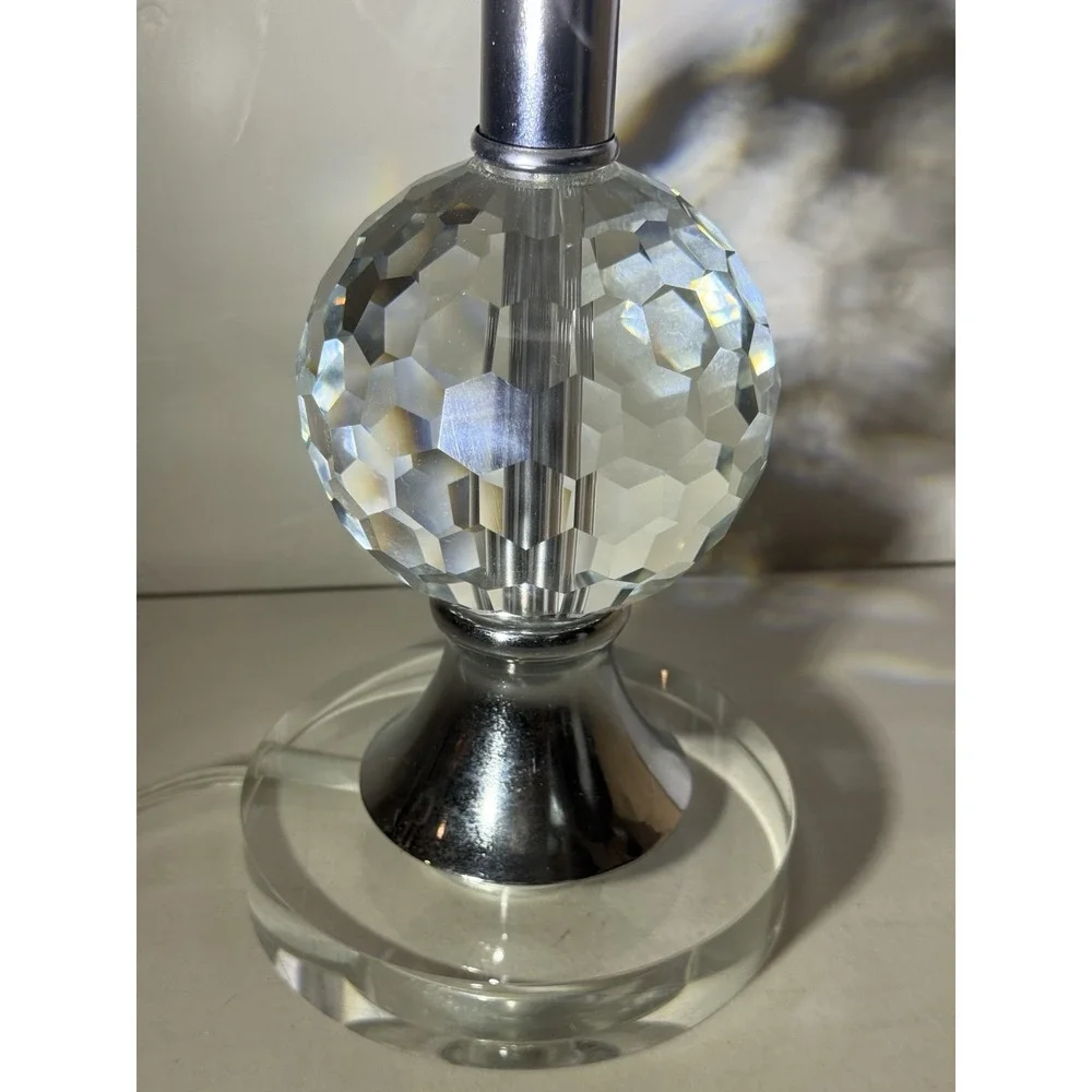 Faceted Crystal Orb Chrome Lucite Table Lamp Drum Shade Accent Bedside Light